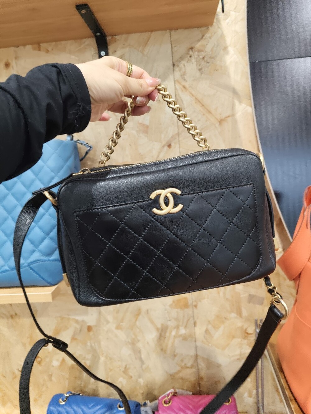 CHANEL Black Quilted Leather Mini Camera Bag with Gold Chain